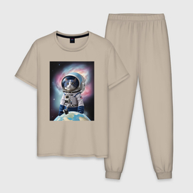 Мужская пижама хлопок с принтом Кот в космическом пространстве в Санкт-Петербурге, 100% хлопок | брюки и футболка прямого кроя, без карманов, на брюках мягкая резинка на поясе и по низу штанин
 | Тематика изображения на принте: 