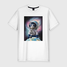 Мужская футболка хлопок Slim с принтом Кот в космическом пространстве в Екатеринбурге, 92% хлопок, 8% лайкра | приталенный силуэт, круглый вырез ворота, длина до линии бедра, короткий рукав | 