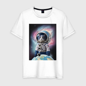 Мужская футболка хлопок с принтом Кот в космическом пространстве в Екатеринбурге, 100% хлопок | прямой крой, круглый вырез горловины, длина до линии бедер, слегка спущенное плечо. | 