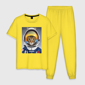 Мужская пижама хлопок с принтом Кот в костюме астронавта в Кировске, 100% хлопок | брюки и футболка прямого кроя, без карманов, на брюках мягкая резинка на поясе и по низу штанин
 | Тематика изображения на принте: 