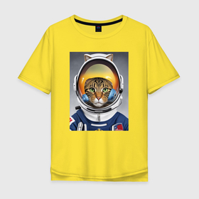 Мужская футболка хлопок Oversize с принтом Кот в костюме астронавта в Кировске, 100% хлопок | свободный крой, круглый ворот, “спинка” длиннее передней части | Тематика изображения на принте: 