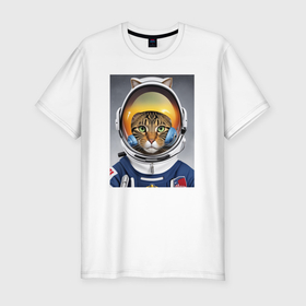 Мужская футболка хлопок Slim с принтом Кот в костюме астронавта в Кировске, 92% хлопок, 8% лайкра | приталенный силуэт, круглый вырез ворота, длина до линии бедра, короткий рукав | 