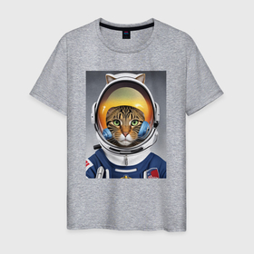 Мужская футболка хлопок с принтом Кот в костюме астронавта в Кировске, 100% хлопок | прямой крой, круглый вырез горловины, длина до линии бедер, слегка спущенное плечо. | Тематика изображения на принте: 