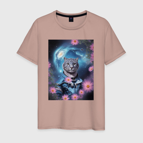 Мужская футболка хлопок с принтом Тигр в костюме и галактика с цветами в Санкт-Петербурге, 100% хлопок | прямой крой, круглый вырез горловины, длина до линии бедер, слегка спущенное плечо. | 