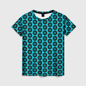 Женская футболка 3D с принтом Стилизованные цветы чёрно голубой в Тюмени, 100% полиэфир ( синтетическое хлопкоподобное полотно) | прямой крой, круглый вырез горловины, длина до линии бедер | 