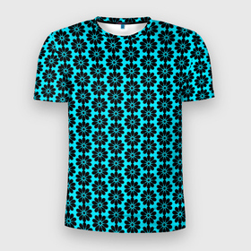 Мужская футболка 3D Slim с принтом Стилизованные цветы чёрно голубой в Екатеринбурге, 100% полиэстер с улучшенными характеристиками | приталенный силуэт, круглая горловина, широкие плечи, сужается к линии бедра | 
