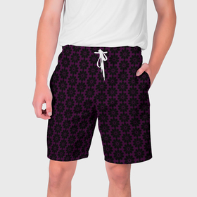 Мужские шорты 3D с принтом Чёрно фиолетовый паттерн стилизованные цветы в Санкт-Петербурге,  полиэстер 100% | прямой крой, два кармана без застежек по бокам. Мягкая трикотажная резинка на поясе, внутри которой широкие завязки. Длина чуть выше колен | 