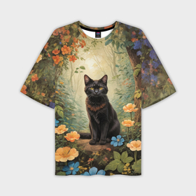 Мужская футболка oversize 3D с принтом Черный кот в лесу в Курске,  |  | 