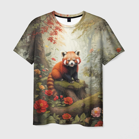 Мужская футболка 3D с принтом Красная панда в лесу в Санкт-Петербурге, 100% полиэфир | прямой крой, круглый вырез горловины, длина до линии бедер | 