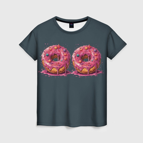 Женская футболка 3D с принтом Два пончика в розовой глазуре в Новосибирске, 100% полиэфир ( синтетическое хлопкоподобное полотно) | прямой крой, круглый вырез горловины, длина до линии бедер | 