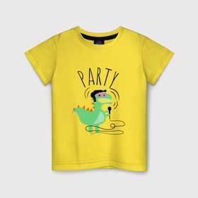Детская футболка хлопок с принтом Детский динозаврик элвис с микрофоном и в очках в Петрозаводске, 100% хлопок | круглый вырез горловины, полуприлегающий силуэт, длина до линии бедер | Тематика изображения на принте: 