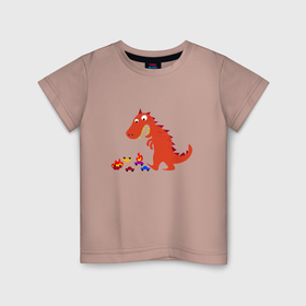 Детская футболка хлопок с принтом Динозаврик годзилла крушит машинки в Тюмени, 100% хлопок | круглый вырез горловины, полуприлегающий силуэт, длина до линии бедер | 