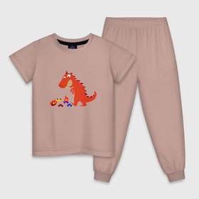 Детская пижама хлопок с принтом Динозаврик годзилла крушит машинки в Новосибирске, 100% хлопок |  брюки и футболка прямого кроя, без карманов, на брюках мягкая резинка на поясе и по низу штанин
 | 