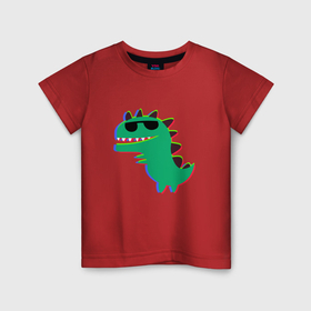 Детская футболка хлопок с принтом Цветной детский динозаврик в очках в Белгороде, 100% хлопок | круглый вырез горловины, полуприлегающий силуэт, длина до линии бедер | 