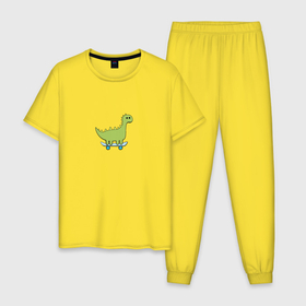 Мужская пижама хлопок с принтом Простой динозавр на скейте в Кировске, 100% хлопок | брюки и футболка прямого кроя, без карманов, на брюках мягкая резинка на поясе и по низу штанин
 | 