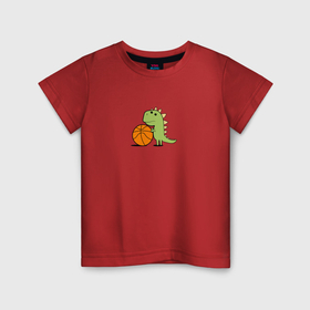 Детская футболка хлопок с принтом мультяшный динозавр с баскетбольным мячом в Кировске, 100% хлопок | круглый вырез горловины, полуприлегающий силуэт, длина до линии бедер | 