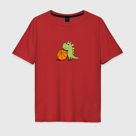 Мужская футболка хлопок Oversize с принтом мультяшный динозавр с баскетбольным мячом в Белгороде, 100% хлопок | свободный крой, круглый ворот, “спинка” длиннее передней части | Тематика изображения на принте: 