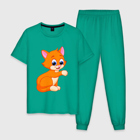 Мужская пижама хлопок с принтом Оранжевый котик даёт лапку в Петрозаводске, 100% хлопок | брюки и футболка прямого кроя, без карманов, на брюках мягкая резинка на поясе и по низу штанин
 | 