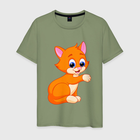 Мужская футболка хлопок с принтом Оранжевый котик даёт лапку в Белгороде, 100% хлопок | прямой крой, круглый вырез горловины, длина до линии бедер, слегка спущенное плечо. | 