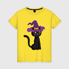 Женская футболка хлопок с принтом Чёрный кот волшебник в Петрозаводске, 100% хлопок | прямой крой, круглый вырез горловины, длина до линии бедер, слегка спущенное плечо | Тематика изображения на принте: 