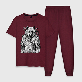 Мужская пижама хлопок с принтом Медвежара в кожаной косухе в Кировске, 100% хлопок | брюки и футболка прямого кроя, без карманов, на брюках мягкая резинка на поясе и по низу штанин
 | 