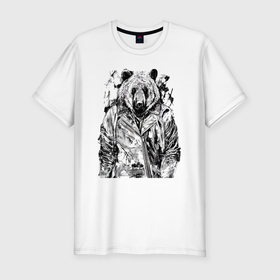 Мужская футболка хлопок Slim с принтом Медвежара в кожаной косухе в Кировске, 92% хлопок, 8% лайкра | приталенный силуэт, круглый вырез ворота, длина до линии бедра, короткий рукав | 