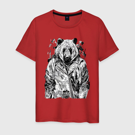 Мужская футболка хлопок с принтом Медвежара в кожаной косухе в Новосибирске, 100% хлопок | прямой крой, круглый вырез горловины, длина до линии бедер, слегка спущенное плечо. | 