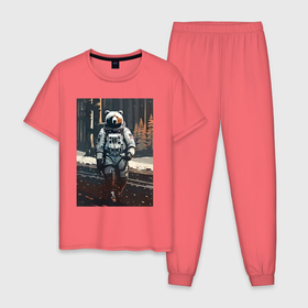 Мужская пижама хлопок с принтом Медведь космонавт на похожей планете   нейросеть в Петрозаводске, 100% хлопок | брюки и футболка прямого кроя, без карманов, на брюках мягкая резинка на поясе и по низу штанин
 | Тематика изображения на принте: 