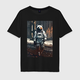 Мужская футболка хлопок Oversize с принтом Медведь космонавт на похожей планете   нейросеть в Петрозаводске, 100% хлопок | свободный крой, круглый ворот, “спинка” длиннее передней части | 