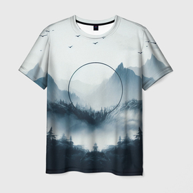 Мужская футболка 3D с принтом Утренние горы , 100% полиэфир | прямой крой, круглый вырез горловины, длина до линии бедер | 
