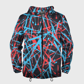 Мужская ветровка 3D с принтом Синие и красные гранжевые полосы в Санкт-Петербурге, 100% полиэстер | подол и капюшон оформлены резинкой с фиксаторами, два кармана без застежек по бокам, один потайной карман на груди | 