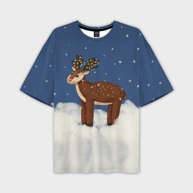 Мужская футболка oversize 3D с принтом Олень Рудольф снежной ночью в Курске,  |  | 