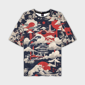 Мужская футболка oversize 3D с принтом Японский замок в облаках ,  |  | 