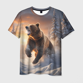 Мужская футболка 3D с принтом Бурый медведь в лесу в Петрозаводске, 100% полиэфир | прямой крой, круглый вырез горловины, длина до линии бедер | 