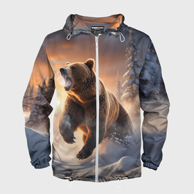 Мужская ветровка 3D с принтом Бурый медведь в лесу в Санкт-Петербурге, 100% полиэстер | подол и капюшон оформлены резинкой с фиксаторами, два кармана без застежек по бокам, один потайной карман на груди | 