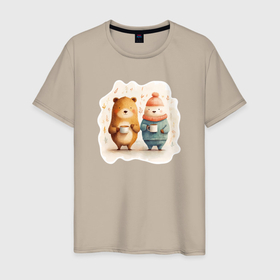 Мужская футболка хлопок с принтом Два медведя пьют кофе утром в Санкт-Петербурге, 100% хлопок | прямой крой, круглый вырез горловины, длина до линии бедер, слегка спущенное плечо. | Тематика изображения на принте: 