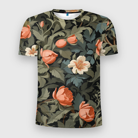 Мужская футболка 3D Slim с принтом Райский сад   бутоны цветов в Екатеринбурге, 100% полиэстер с улучшенными характеристиками | приталенный силуэт, круглая горловина, широкие плечи, сужается к линии бедра | Тематика изображения на принте: 