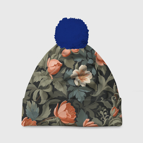 Шапка 3D c помпоном с принтом Райский сад   бутоны цветов в Екатеринбурге, 100% полиэстер | универсальный размер, печать по всей поверхности изделия | Тематика изображения на принте: 