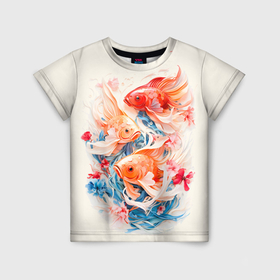 Детская футболка 3D с принтом Золотые бойцовые рыбки в Санкт-Петербурге, 100% гипоаллергенный полиэфир | прямой крой, круглый вырез горловины, длина до линии бедер, чуть спущенное плечо, ткань немного тянется | 