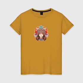 Женская футболка хлопок с принтом Царевна в красном кокошнике в Курске, 100% хлопок | прямой крой, круглый вырез горловины, длина до линии бедер, слегка спущенное плечо | 