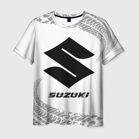 Мужская футболка 3D с принтом Suzuki speed на светлом фоне со следами шин в Тюмени, 100% полиэфир | прямой крой, круглый вырез горловины, длина до линии бедер | 