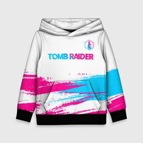 Детская толстовка 3D с принтом Tomb Raider neon gradient style посередине в Екатеринбурге, 100% полиэстер | двухслойный капюшон со шнурком для регулировки, мягкие манжеты на рукавах и по низу толстовки, спереди карман-кенгуру с мягким внутренним слоем | Тематика изображения на принте: 