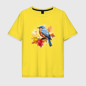 Мужская футболка хлопок Oversize с принтом Птичка и осенние листья в Тюмени, 100% хлопок | свободный крой, круглый ворот, “спинка” длиннее передней части | Тематика изображения на принте: 