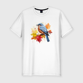 Мужская футболка хлопок Slim с принтом Птичка и осенние листья в Тюмени, 92% хлопок, 8% лайкра | приталенный силуэт, круглый вырез ворота, длина до линии бедра, короткий рукав | Тематика изображения на принте: 