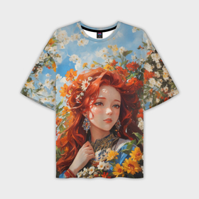 Мужская футболка oversize 3D с принтом Девушка в цветочном поле в Тюмени,  |  | Тематика изображения на принте: 