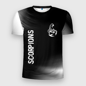Мужская футболка 3D Slim с принтом Scorpions glitch на темном фоне вертикально в Белгороде, 100% полиэстер с улучшенными характеристиками | приталенный силуэт, круглая горловина, широкие плечи, сужается к линии бедра | Тематика изображения на принте: 