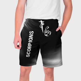 Мужские шорты 3D с принтом Scorpions glitch на темном фоне вертикально ,  полиэстер 100% | прямой крой, два кармана без застежек по бокам. Мягкая трикотажная резинка на поясе, внутри которой широкие завязки. Длина чуть выше колен | 
