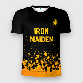 Мужская футболка 3D Slim с принтом Iron Maiden   gold gradient: символ сверху в Кировске, 100% полиэстер с улучшенными характеристиками | приталенный силуэт, круглая горловина, широкие плечи, сужается к линии бедра | Тематика изображения на принте: 