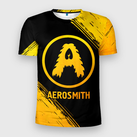 Мужская футболка 3D Slim с принтом Aerosmith   gold gradient в Петрозаводске, 100% полиэстер с улучшенными характеристиками | приталенный силуэт, круглая горловина, широкие плечи, сужается к линии бедра | 