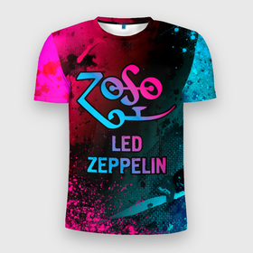 Мужская футболка 3D Slim с принтом Led Zeppelin   neon gradient в Курске, 100% полиэстер с улучшенными характеристиками | приталенный силуэт, круглая горловина, широкие плечи, сужается к линии бедра | Тематика изображения на принте: 